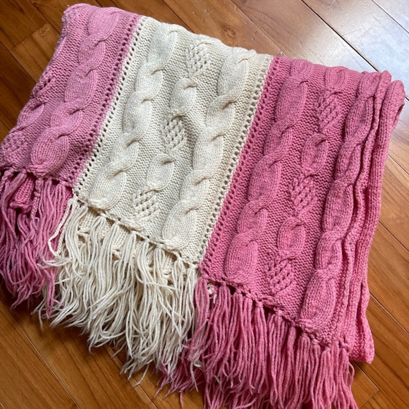 Knit blanket Afghan Striped Crochet Cable Knit 40"x71" Pink White handcrafted